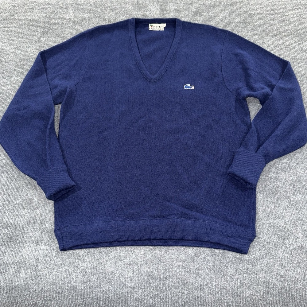 IZOD Lacoste Vintage Knit V Neck Sweater Alligator Blue Mens Large Grandpa